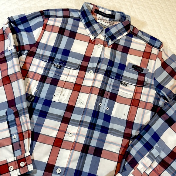 Columbia Super Bahama PFG Button Up. Large. Red, Blue & White Plaid. NWOT. - Picture 9 of 10
